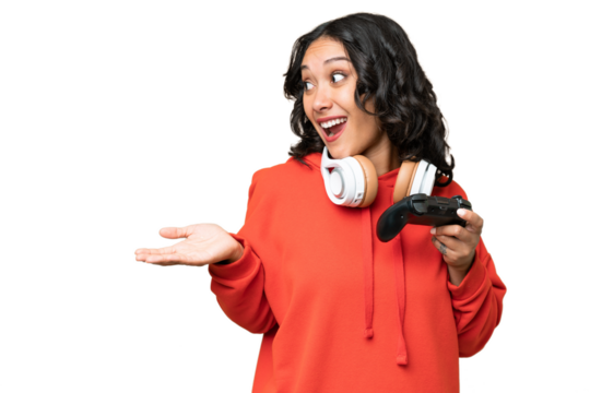Young Argentinian woman playing with a video game controller over isolated background with surprise expression while looking side - Powered by Adobe