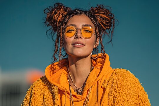 A woman with space-bun hairstyle streetwear model posing in urban setting vibrant colors