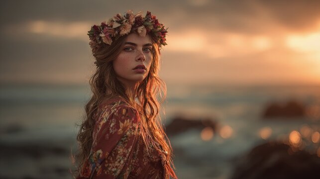 Bohemian model with waist-length wavy hair floral crown flowing dress sunset beach setting warm tones