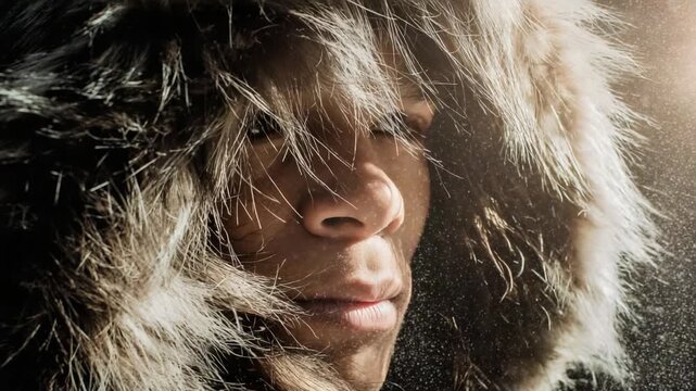 A person in a fur-lined parka gazes intently, framed by drifting snowflakes, embodying resilience and strength in the harshness of winter, evoking a sense of adventure, spirit, and endurance.