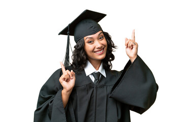 Young university graduate Argentinian woman over isolated background pointing finger to the laterals and happy