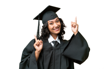 Young university graduate Argentinian woman over isolated background pointing finger to the laterals and happy