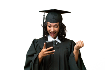 Young university graduate Argentinian woman over isolated background surprised and sending a message