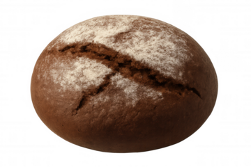 Freshly baked dark rye bread loaf with flour dusting on crust, round artisan rustic food for healthy eating