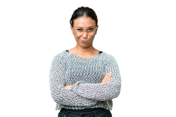 Young Uruguayan woman over isolated chroma key background with unhappy expression