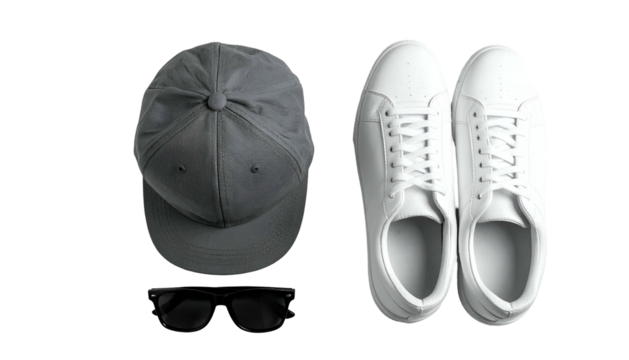 Hat, sunglasses, and white shoes flat lay on black background