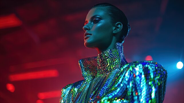 Tall woman model in metallic haute couture futuristic fashion show holographic runway neon glow cyberpunk aesthetic