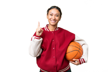Young Uruguayan woman playing basketball over isolated wall  over isolated chroma key background pointing up a great idea