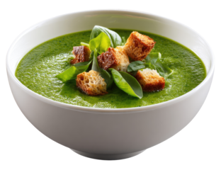 Creamy green soup in white bowl, topped with toasted croutons and fresh basil