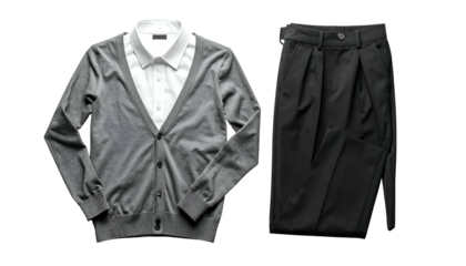 Outfitted grey cardigan over a white shirt with black pants