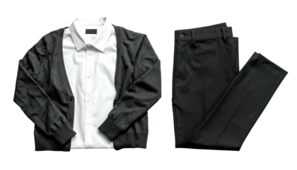 Folded black pants with shirt and gray cardigan, top-down view