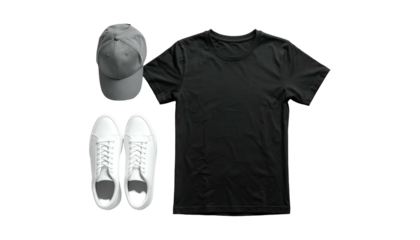 Flat lay black tee, gray cap, white shoes on black