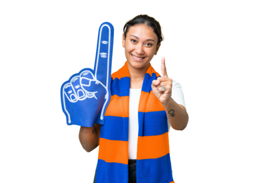 sports fan woman over isolated chroma key background showing and lifting a finger
