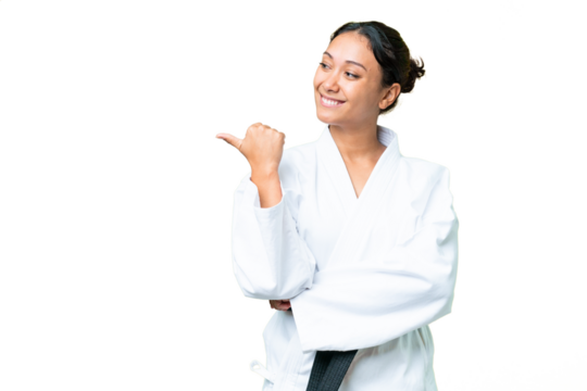 Young Uruguayan woman doing karate over isolated chroma key background pointing to the side to present a product
