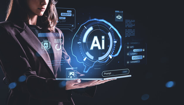 Futuristic AI chip concept with holographic brain interface projected by businesswoman in digital environment for advanced technology applications.