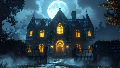 Enchanting Victorian mansion shrouded in moonlight and mist on Halloween night