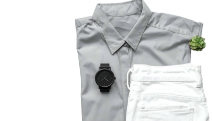 Styled flat lay shirt, watch, pants, and succulent