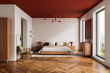Modern bedroom interior with minimalist furniture, red ceiling, wooden floor, large windows, and mid-century modern decor elements. 3D Rendering