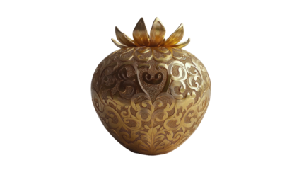 Golden strawberry-shaped ornament with ornate, swirling filigree details