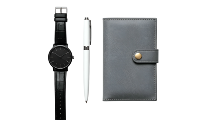 Watch, pen, and notebook on black backdrop, minimal flatlay shot