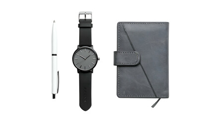 Flatlay of a white pen, black watch, & gray notebook