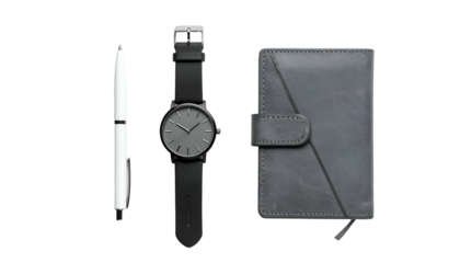 Flatlay of a white pen, black watch, & gray notebook