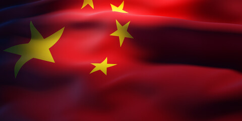 Chinese flag with artistic double exposure concept of dynamic waving fabric and glowing stars on red background symbolizing national pride and identity. 3D Rendering