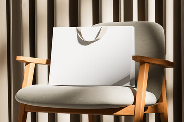 Blank white shopping bag mockup placed on modern wooden chair in soft daylight for branding and product presentation concepts. 3D Rendering