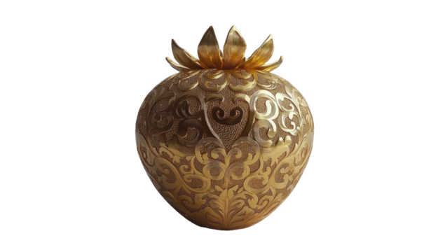 Golden strawberry-shaped ornament with ornate, swirling filigree details