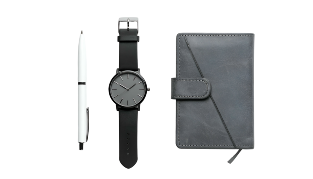 Flatlay of a white pen, black watch, & gray notebook