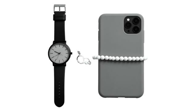 Gray phone & black watch linked by a pearl bracelet on black