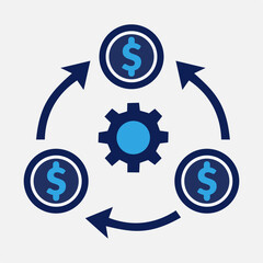 3D Financial System Icon — Minimalist Dollar Signs with Gears and Arrows