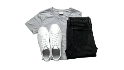 Casual attire gray tee, black jeans, white sneakers on dark