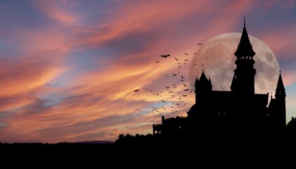 Fototapeta premium Silhouette of a Gothic Castle with a Full Moon and Flying Bats at Sunset