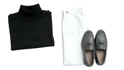 Neat black turtleneck, white pants, and gray loafers ensemble