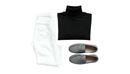 Flat lay of clothes white pants, black sweater, and grey loafers