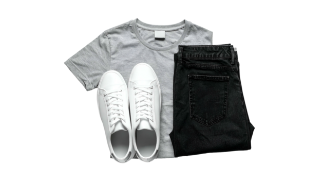 Casual attire gray tee, black jeans, white sneakers on dark