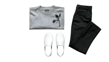 Gray sweater, black pants, & white shoes flat lay on black