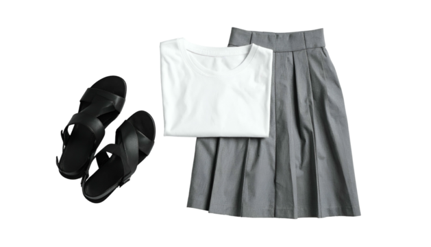 Casual outfit white tee, gray pleated skirt, black sandals