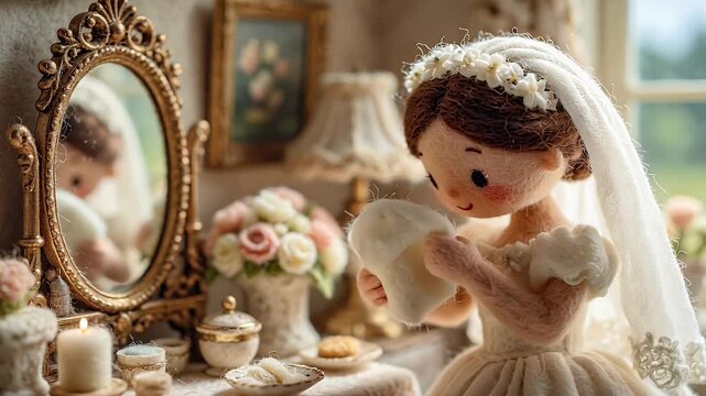 Doll in wedding dress admiring herself at vanity table with mirror and candle