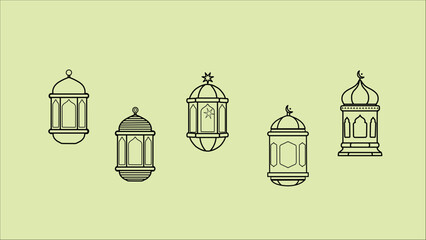 Fototapeta premium Minimalist vector illustration featuring a collection of five traditional Islamic lanterns drawn in elegant line art style. The lamps are displayed in varying shapes and designs on a soft green backgr