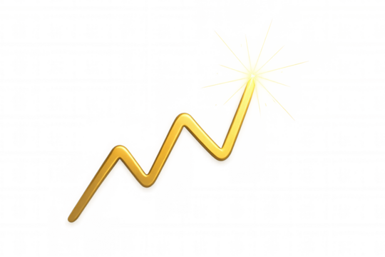 Golden line chart showing financial growth, business success, market trends, and upward progress on transparent background
