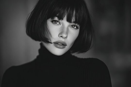 Black-and-white portrait of a woman with sleek bob hair vintage model vibes soft film grain