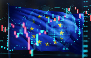 Double exposure of European Union flag with financial stock chart and global economy data concept on digital futuristic background screen interface.. 3D Rendering © ImageFlow