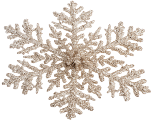 Detailed close-up of a complex, symmetrical snowflake, light beige color, intricate, delicate, and complex patterns