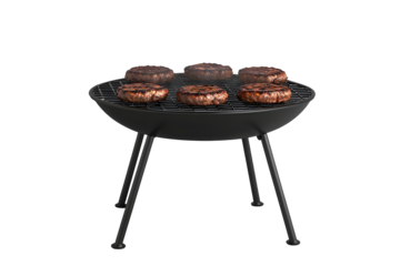 Classic black metal barbecue grill with juicy burgers for backyard grilling and outdoor cooking concepts