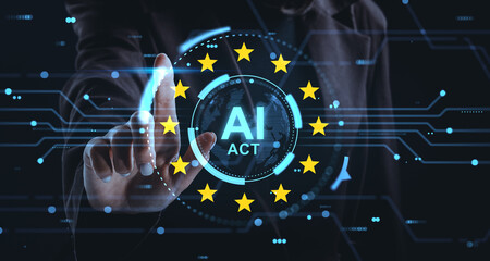 European AI Act concept with holographic interface and virtual legal tech elements in futuristic digital environment with stars and circuit background.