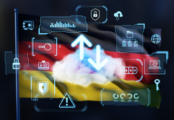 Cloud computing and data security concept with digital icons over Germany flag background in double exposure style illustrating national tech infrastructure. 3D Rendering