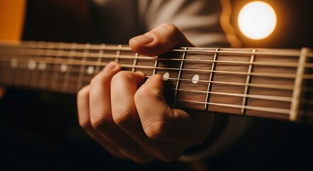 Acoustic Guitar Chord Close-Up: Warm Light, Focused Hand Position, Musical Expression