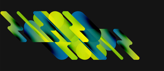 Fototapeta premium Abstract graphic design features layered, colorful shapes. Bright greens, blues create dynamic visual effect on dark background.